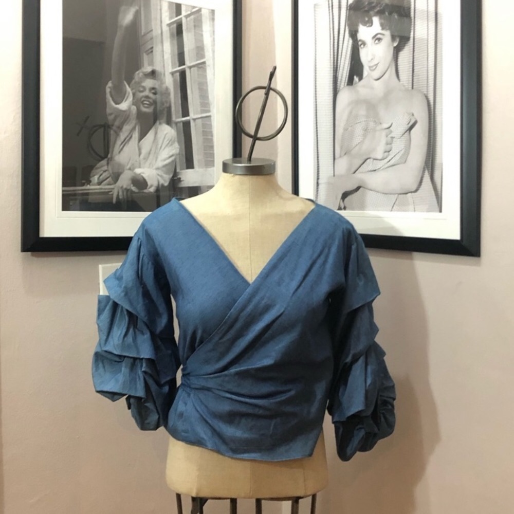 Soft Denim bell ruffle tier crisscross top
